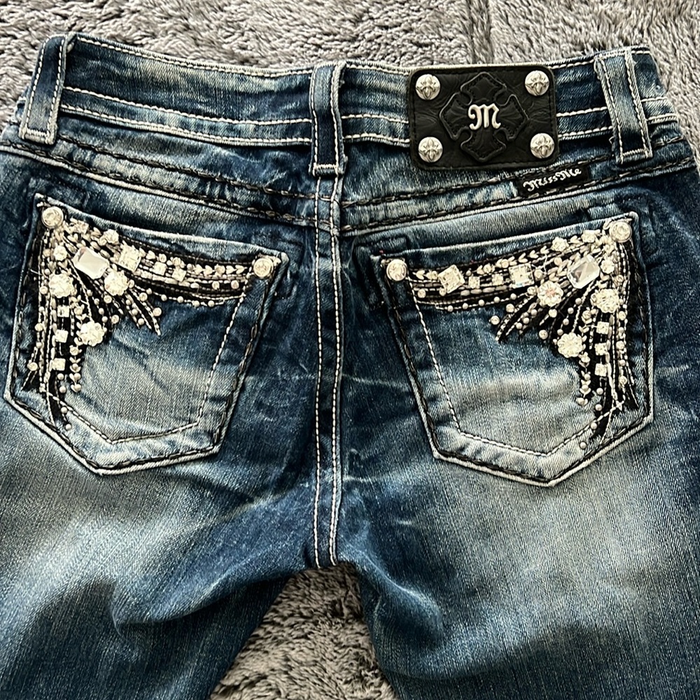 Miss Me bootcut short length  denim jeans, gently worn, 26 waist, 29 inseam